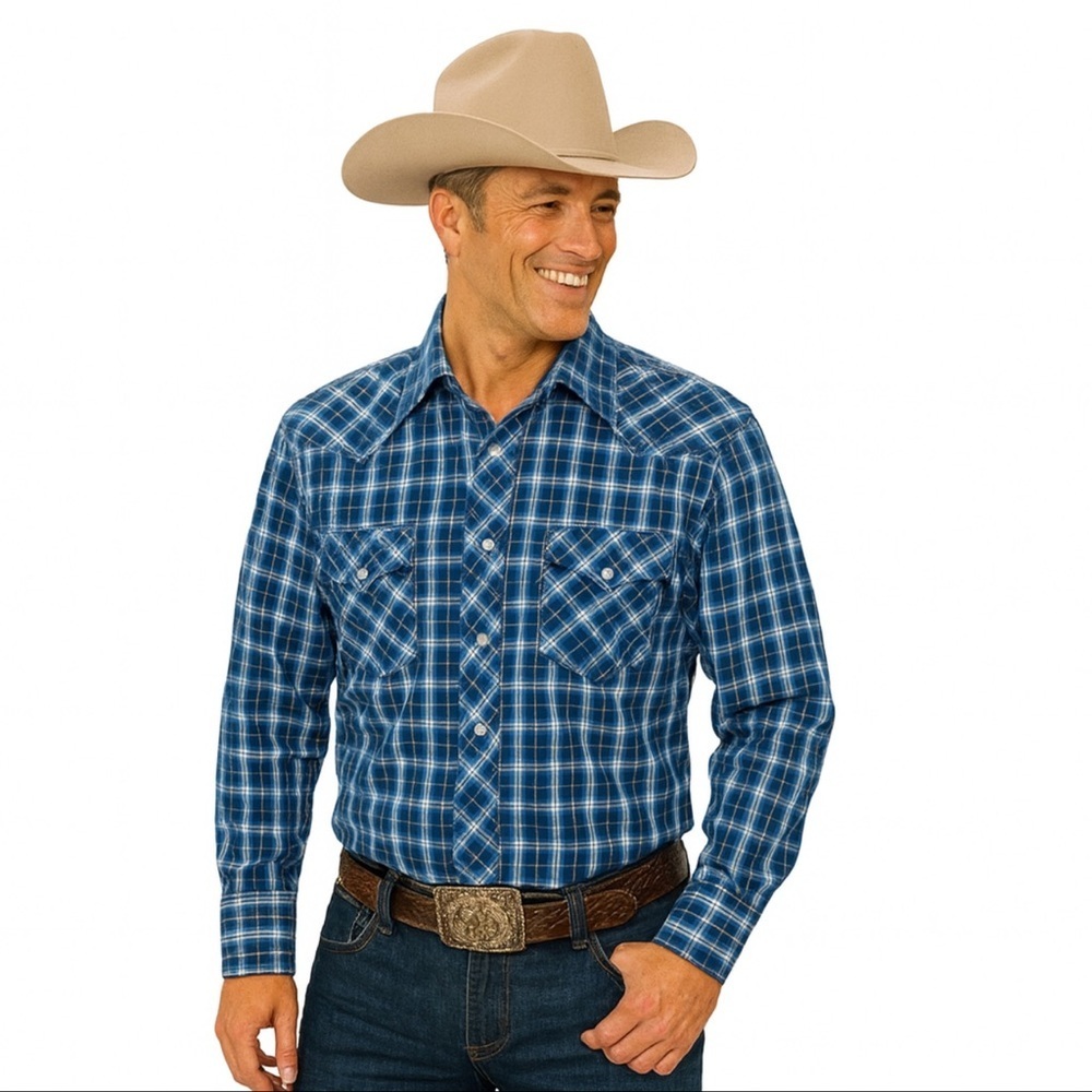 Wrangler Men’s Western Shirt Blue Plaid Snap Front 16.5x36 Cowboy Cut